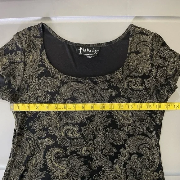 VTG All That Jazz Slinky Knit Black Gold Paisley Short Sleeve Shift Dress Size M - Picture 5 of 9